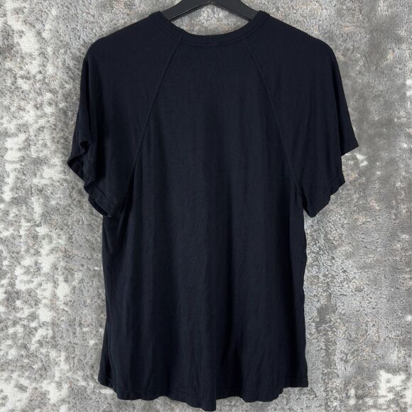 Free People Size M Faux Wrap Stretch Casual Top Black Short Sleeve Round Neck - Picture 3 of 8